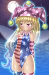  1girl :o american_flag american_flag_legwear american_flag_print arms_behind_back aura blonde_hair blurry blurry_background blush breasts clownpiece commentary_request cowboy_shot detached_collar detached_sleeves fairy_wings flag_print full_moon groin hat jester_cap leotard long_hair looking_to_the_side moon night night_sky outdoors partial_commentary polka_dot_headwear red_eyes sky small_breasts solo standing star_(sky) starry_sky thick_eyebrows touhou transparent_wings very_long_hair water wings winn 