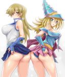  2girls ass bangs bare_shoulders blonde_hair blue_skirt blush blush_stickers breasts commentary_request dark_magician_girl dress duel_academy_uniform_(yu-gi-oh!_gx) duel_monster eyebrows_visible_through_hair fingerless_gloves gloves gradient gradient_background green_eyes hat highres large_breasts lifted_by_self long_hair looking_at_viewer looking_back miniskirt multiple_girls panties r-binon shiny shiny_skin short_dress simple_background skirt sleeveless tenjouin_asuka thighs underwear white_background white_panties wizard_hat yellow_eyes yu-gi-oh! yu-gi-oh!_gx 