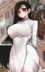  1girl arms_behind_back black_hair breasts curvy dress highres large_breasts long_hair long_sleeves original osiimi pants real_life thighs vietnamese_clothes vietnamese_dress wedding_dress white_dress white_pants 