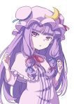  1girl :o absurdres bangs blue_ribbon blunt_bangs bow bowtie capelet commentary_request crescent crescent_moon_pin hair_ribbon hat hat_ribbon highres kame_(kamepan44231) long_hair mob_cap parted_lips patchouli_knowledge purple_eyes purple_hair red_bow red_neckwear red_ribbon ribbon simple_background solo touhou upper_body very_long_hair white_background 