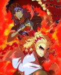  2boys bangs baseball_cap blonde_hair cape champion_uniform closed_mouth commentary_request crossover dark_skin dark_skinned_male dynamax_band facial_hair fire fur-trimmed_cape fur_trim gloves grey_cape hat highres holding holding_cape holding_poke_ball kimetsu_no_yaiba leon_(pokemon) long_hair long_sleeves male_focus mixar0807 multicolored_hair multiple_boys poke_ball poke_ball_(basic) pokemon pokemon_(game) pokemon_swsh purple_hair red_cape red_hair rengoku_kyoujurou shirt short_sleeves sideways_glance smile two-tone_hair yellow_eyes 