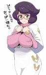  1girl big_hair blush breasts closed_mouth covered_nipples glasses green_eyes large_breasts looking_at_viewer pink-framed_eyewear pokemon pokemon_(game) pokemon_sm purple_hair ribbed_sweater short_hair simple_background smile solo sweater tamagoroo_(funifuni_labo) turtleneck turtleneck_sweater white_background wicke_(pokemon) 