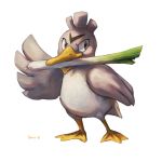  2016 bird brown_eyes commentary creature english_commentary farfetch&#039;d full_body gen_1_pokemon highres looking_at_viewer mouth_hold no_humans pokemon pokemon_(creature) signature simple_background solo spring_onion standing tyma_(mtymas) white_background 