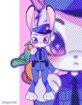  2020 anthro belt blush bottomwear carrot_pen clothed clothing disney dogear218 female fully_clothed fur grey_body grey_fur hat headgear headwear holding_object judy_hopps lagomorph leporid looking_at_viewer mammal necktie pants police_uniform purple_eyes rabbit shirt solo standing topwear uniform zootopia 