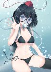  1girl air_bubble bikini black_bikini black_hair black_legwear bubble commentary_request cowboy_shot diving_mask diving_regulator hat highres looking_at_viewer ougi_hina pom_pom_(clothes) red_eyes scuba scuba_tank shameimaru_aya side-tie_bikini solo swimsuit thighhighs tokin_hat touhou underwater 