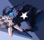  1girl armpits bangs bare_shoulders belt bikini bikini_top black_coat black_footwear black_gloves black_hair black_rock_shooter black_rock_shooter_(character) blue_background blue_eyes boots checkered checkered_background coat coat_removed collarbone commentary elbow_gloves flaming_eye flat_chest floating_hair full_body gloves groin hair_between_eyes highres holding holding_sword holding_weapon katana knee_boots long_hair looking_at_viewer midriff mrnn navel pale_skin scar short_shorts shorts sidelocks solo star_(symbol) star_print swimsuit sword toned twintails uneven_twintails very_long_hair weapon 