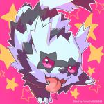  artist_name claws commentary_request galarian_form galarian_zigzagoon gen_8_pokemon no_humans open_mouth outline peron_(niki2ki884) pink_background pokemon pokemon_(creature) purple_eyes sideways_glance solo star_(symbol) tongue tongue_out watermark 