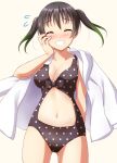  1girl black_hair black_swimsuit breasts casual_one-piece_swimsuit cleavage closed_eyes clothing_cutout commentary_request gradient_hair green_hair grin hand_on_own_face jacket jacket_on_shoulders long_hair love_live! love_live!_nijigasaki_high_school_idol_club medium_breasts multicolored_hair navel_cutout one-piece_swimsuit qy simple_background smile solo swimsuit takasaki_yuu twintails two-tone_hair white_background white_jacket 