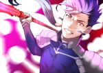  1boy angry armor beads blue_hair clenched_teeth closed_mouth cu_chulainn_(fate)_(all) earrings fang fate/stay_night fate_(series) floating_hair gae_bolg hair_beads hair_ornament highres holding holding_polearm holding_weapon incoming_attack jewelry lancer long_hair looking_at_viewer male_focus pauldrons polearm ponytail red_eyes shoulder_armor skin_tight solo spiked_hair teeth type-moon weapon wide-eyed yoshio_(55level) 