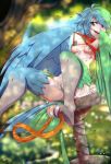  1girl beryl_(scarlettedawn1) bird_bath bird_legs bird_tail blue_eyes blue_feathers blue_hair blue_wings blurry blurry_background blush breasts colored_nipples colored_pussy depth_of_field eyebrows_behind_hair feathered_wings feathers foot_hold green_eyes green_feathers green_hair green_nipples green_pussy harpy heterochromia highres monster_girl multicolored_hair nipple_piercing open_mouth original piercing rainbowscreen short_hair sitting tail_feathers talons tongue tree two-tone_hair water winged_arms wings 