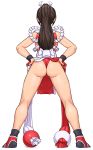 1girl ass brown_hair commentary_request fatal_fury from_behind full_body hands_on_hips high_ponytail highres ninja panties pelvic_curtain ponytail red_panties revealing_clothes rope shigenobu shiny shiny_skin shiranui_mai simple_background sleeveless standing the_king_of_fighters thighs thong tied_hair underwear white_background 