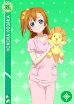  1girl asymmetrical_hair bangs blue_eyes breasts brown_hair card_(medium) holding holding_toy kousaka_honoka looking_at_viewer love_live! love_live!_school_idol_festival love_live!_school_idol_project official_art one_side_up pajamas short_hair smile stuffed_animal stuffed_toy toy 