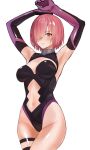  1girl armpits arms_up bare_hips bodysuit breasts cleavage cleavage_cutout clothing_cutout elbow_gloves fate/grand_order fate_(series) gloves hair_over_one_eye highleg highleg_leotard highres leotard looking_at_viewer mash_kyrielight medium_breasts navel navel_cutout one_eye_covered pink_hair red_eyes sawatari_kazuma solo 