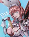  1girl absurdres ahoge animal_ears bangs blue_background breasts bridal_veil bunny_ears character_name cleavage closed_mouth clover copyright_name dated dress earrings elphelt_valentine fake_animal_ears four-leaf_clover gloves green_eyes guilty_gear guilty_gear_xrd gun hair_between_eyes handgun highres huge_filesize jewelry large_breasts lips looking_at_viewer medium_hair murasaki-sin object_on_breast paper pink_hair pistol simple_background solo spikes twitter_username upper_body veil weapon wedding_dress white_gloves 