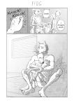  2020 absurd_res anthro antlers bag beastars canid canine canis cervid clothed clothing comic cuddling dialogue duo english_text ffog greyscale hi_res horn inside knocking legoshi_(beastars) louis_(beastars) male mammal monochrome onomatopoeia romantic_couple scar shirt sitting sound_effects standing tailwag text topwear wolf 