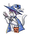  2020 ambiguous_gender anthro antlers blue_cape cape clothing domestic_cat eyewear felid feline felis glasses hair halloween hat headgear headwear hi_res holidays horn mammal milodesty open_mouth pink_nose purple_hair signature simple_background smile solo white_background witch_hat 
