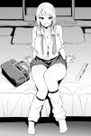  1girl bed breasts character_request cleavage greyscale jewelry large_breasts long_hair looking_at_viewer monochrome necklace open_mouth original school_uniform smile solo tamagoroo_(funifuni_labo) 