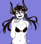  1girl arm_behind_back bare_shoulders blue_bag blush collarbone demon_girl demon_horns fingernails frenchvanillu greyscale hair_between_eyes hatching_(texture) highres horns leviathan_(7sukasa) long_hair monochrome navel open_mouth original pointy_ears signature simple_background smile solo teeth tongue tongue_out twintails 
