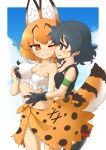  2girls 370ml animal_ears bandaged_arm bandages bangs black_eyes black_gloves black_hair black_shirt blush breast_grab breasts closed_mouth commentary_request cowboy_shot extra_ears eyebrows_visible_through_hair gloves grabbing grey_shorts hand_on_another&#039;s_stomach hug kaban_(kemono_friends) kemono_friends looking_at_another medium_breasts multiple_girls one_eye_closed orange_eyes orange_hair orange_sarong orange_skirt outside_border pantyhose print_sarong sarong serval_(kemono_friends) serval_ears serval_print serval_tail shirt short_hair shorts skirt small_breasts smile striped_tail survival_friends tail tank_top tied_shirt torn_clothes torn_legwear torn_shirt white_shirt yuri 