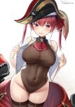  1girl :d absurdres arrow_through_heart ascot bangs bare_hips bare_shoulders blush breasts brown_legwear brown_leotard coat coat_removed dated eyebrows_visible_through_hair groin hair_between_eyes hair_ribbon hat highleg highleg_swimsuit highres hirota_fruit hololive houshou_marine large_breasts leotard looking_at_viewer no_eyepatch open_clothes open_mouth open_vest pirate_hat purple_hair red_coat red_eyes red_neckwear red_ribbon ribbon simple_background smile solo swimsuit thigh_gap thighhighs twintails twitter_username undressing vest virtual_youtuber white_background white_vest wide_hips 