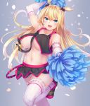  +_+ 1girl :d arm_up armpits ash_arms bare_shoulders between_breasts black_footwear black_shirt black_skirt blonde_hair blue_eyes breasts cheerleader cleavage crop_top crop_top_overhang elbow_gloves fang floating_hair gloves grey_background highres holding holding_pom_poms irohasu large_breasts leg_up long_hair looking_at_viewer m26_pershing_(ash_arms) midriff miniskirt navel necktie no_bra open_mouth pleated_skirt pom_poms ribbed_gloves ribbed_legwear shirt shoes skirt sleeveless sleeveless_shirt smile sneakers solo sparkling_eyes stomach thighhighs thighs two_side_up very_long_hair white_gloves white_legwear 
