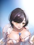 1girl absurdres azur_lane between_breasts black_hair breast_lift breasts cleavage dead_or_alive dead_or_alive_xtreme eyebrows_visible_through_hair frilled_hakama green_eyes highres japanese_clothes ka11_ca large_breasts leaning_forward looking_at_viewer nagisa_(doa) nontraditional_miko saliva saliva_trail see-through sexually_suggestive short_hair solo tongue tongue_out 