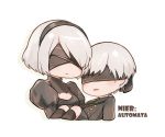  1boy 1girl absurdres black_blindfold black_hairband blindfold bob_cut carrying chibi cleavage_cutout clothing_cutout copyright_name covered_eyes hairband highres juliet_sleeves long_sleeves mole mole_under_mouth nier_(series) nier_automata princess_carry puffy_sleeves wu_ye_bifang yorha_no._2_type_b yorha_no._9_type_s 
