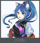  1girl animal_ear_fluff animal_ears bangs blue_eyes blue_hair breasts commission english_commentary eyebrows_behind_hair floating_hair highres indie_virtual_youtuber looking_at_viewer medium_breasts off-shoulder_jacket polaroid rae_laviere_(artist) sidelocks smile solo sushiisuzii virtual_youtuber 