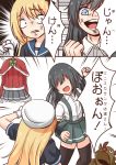  2girls anger_vein animal_costume arm_warmers asashio_(kantai_collection) black_hair black_legwear blonde_hair blue_eyes blue_sailor_collar clothes_removed comiching commentary_request dress grey_skirt hat highres jervis_(kantai_collection) kantai_collection long_hair multiple_girls pleated_skirt red_sweater reindeer_costume rock_paper_scissors sailor_collar sailor_dress sailor_hat shirt short_sleeves skirt suspender_skirt suspenders sweater thighhighs translation_request white_shirt 