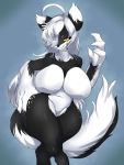  3:4 anthro big_breasts breasts featureless_breasts featureless_crotch felid feline female hair hair_over_eye hands_on_hip hi_res mammal one_eye_obstructed solo sya wide_hips 