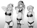  3girls bangs blunt_bangs blush bra braid braided_bangs braided_bun breasts cleavage closed_mouth de_ruyter_(kantai_collection) french_braid fujinoki_(horonabe-ken) garter_straps greyscale hair_bun hair_ribbon hairband hand_in_hair hat holding holding_hair houston_(kantai_collection) kantai_collection lace lace-trimmed_legwear lace_trim lingerie long_hair medium_breasts medium_hair monochrome multiple_girls one_eye_closed open_mouth panties perth_(kantai_collection) ribbon sidelocks simple_background small_breasts thigh_strap thighhighs underwear 