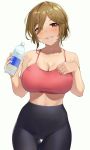  1girl bare_shoulders black_pants blush bottle breasts brown_eyes brown_hair cleavage collarbone commentary_request cowboy_shot crop_top eyebrows_behind_hair hair_over_one_eye hand_on_own_chest highres holding holding_bottle igarashi_kyouhei large_breasts looking_at_viewer midriff original pants parted_lips red_tank_top shirt_grab short_hair simple_background smile solo standing tank_top water_bottle white_background yoga_pants 
