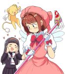  2girls antenna_hair bangs black_hair black_shirt blue_eyes brown_hair cardcaptor_sakura daidouji_tomoyo dress eyebrows_visible_through_hair gloves hair_ornament hairband happy hat heart holding holding_staff jewelry kero kinomoto_sakura long_hair looking_down magical_girl multiple_girls neck_ribbon open_mouth pink_dress pink_headwear puffy_sleeves raised_eyebrows red_ribbon ribbon sailor_collar school_uniform shirt short_hair short_sleeves staff tsubobot white_gloves white_shirt wings 