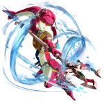  1girl anklet arms_up artist_request barefoot bracelet circlet closed_mouth colored_skin crystal fins fish_girl full_body head_fins holding holding_polearm holding_weapon hyrule_warriors:_age_of_calamity jewelry leg_up mipha motion_lines necklace official_art outstretched_arm polearm red_skin solo spear the_legend_of_zelda the_legend_of_zelda:_breath_of_the_wild transparent_background two-tone_skin water weapon white_skin yellow_eyes zora 