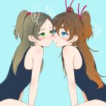  2girls blue_background blue_eyes blush brown_hair cheek-to-cheek closed_mouth green_eyes hair_between_eyes hair_ribbon houjou_hibiki long_hair looking_at_another minamino_kanade multiple_girls one-piece_swimsuit precure red_ribbon ribbon sakura_kotetsu simple_background suite_precure swimsuit yuri 