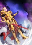  1boy absurdres armor blonde_hair cloud dutch_angle ea_(fate/stay_night) earrings fate/stay_night fate_(series) full_armor full_body gilgamesh gold_armor gouichi hair_up highres jewelry male_focus red_eyes sky smoke solo standing star_(sky) starry_sky sword weapon 