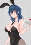  1girl animal_ears bangs bare_arms bare_shoulders black_hairband black_leotard black_neckwear blue_eyes blue_hair breasts brown_legwear bunny_ears bunny_girl byleth_(fire_emblem) byleth_(fire_emblem)_(female) cleavage covered_navel cowboy_shot cup detached_collar drinking_glass expressionless eyebrows_visible_through_hair fire_emblem fire_emblem:_three_houses grey_background hairband highres holding holding_tray hoshido1214 large_breasts leotard long_hair looking_at_viewer necktie pantyhose solo starry_background strapless strapless_leotard tray wrist_cuffs 