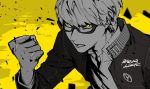  1boy absurdres bangs btmr_game clenched_hand glasses greyscale hair_between_eyes highres jacket long_sleeves male_focus monochrome narukami_yuu persona persona_4 school_uniform shirt signature simple_background solo spot_color upper_body yasogami_school_uniform yellow_background yellow_eyes 