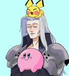  2boys :3 :d ^_^ aqua_background aqua_eyes armor blue_eyes blush_stickers chin closed_eyes closed_mouth colored_skin commentary english_commentary final_fantasy final_fantasy_vii gen_2_pokemon half-closed_eyes highres kirby kirby_(series) lins_(faemothra) long_hair looking_ahead male_focus multiple_boys on_head open_mouth pichu pink_skin pokemon pokemon_(creature) pokemon_on_head sephiroth shoulder_armor silver_hair simple_background smile smirk solid_oval_eyes super_smash_bros. upper_body very_long_hair 