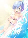  1girl :d arm_support arm_up bare_shoulders beach bikini blue_eyes blue_hair breasts cleavage collarbone covered_nipples hair_ornament hair_over_one_eye hand_on_own_chest highres in_water large_breasts looking_at_viewer narumi_yuu_(bunbukudou) navel open_mouth re:zero_kara_hajimeru_isekai_seikatsu rem_(re:zero) sand short_hair sitting smile solo stomach swimsuit thigh_gap water wet white_bikini x_hair_ornament 