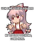  1girl bow chibi closed_mouth collared_shirt commentary english_commentary english_text eyebrows_visible_through_hair fujiwara_no_mokou hair_bow long_hair meme my_little_pogchamp_(meme) pants puffy_short_sleeves puffy_sleeves red_eyes red_pants shangguan_feiying shirt short_sleeves simple_background solo suspenders touhou very_long_hair white_background white_hair white_shirt 