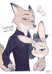  anthro canid canine cheek_tuft claws clothed clothing dipstick_ears disney duo facial_tuft fox fur gesture half-closed_eyes hibidaikansya judy_hopps lagomorph leporid looking_at_viewer mammal multicolored_ears narrowed_eyes nick_wilde pawpads rabbit red_fox shirt signature simple_background size_difference smile sweater topwear tuft waving white_background zootopia 