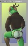  anthro antlers anus bulgen butt cervid clothing hi_res horn jacket jockstrap leather leather_clothing leather_jacket leather_topwear looking_at_viewer male mammal nihontd nihonthedragon presenting presenting_hindquarters solo topwear underwear 