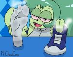  adult_fink anthro cartoon_network clothing cute_fangs female fink_(ok_k.o.!_lbh) foot_focus footwear fur green_body green_fur green_hair hair hi_res mammal mrchasecomix murid murine ok_k.o.!_let&#039;s_be_heroes rat rodent smelly smelly_feet socks solo 