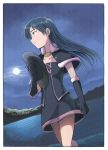  1girl bangs beach black_dress black_gloves blue_hair capelet closed_mouth collarbone dress floating_hair gloves highres idolmaster idolmaster_(classic) jewelry kisaragi_chihaya long_hair moon night ocean outdoors profile purple_ribbon red_eyes ribbon solo standing tsubobot very_long_hair 