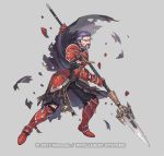  1boy armor aureolin31 beard belt black_pants brown_belt buckle cape commentary_request damaged duessel_(fire_emblem) facial_hair fire_emblem fire_emblem:_the_sacred_stones fire_emblem_heroes frown full_body gauntlets gold_trim greaves grey_background grey_hair holding holding_weapon injury multicolored_hair mustache official_art pants pauldrons polearm purple_cape purple_shirt red_armor serious shirt shoulder_armor simple_background spear teeth torn_cape torn_clothes torn_pants two-tone_hair watermark weapon white_hair wrinkles 
