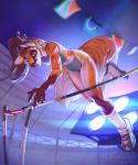  2020 anthro blue_eyes brown_hair canid canine clothed clothing digital_media_(artwork) female flags footwear fox hair hi_res kyander long_socks loxxie_arbuckle mammal night pole_vault red_fox shoes sneakers solo sport stockings_(marking) tight_clothing 