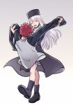  1boy 1girl applechoc bad_end boots closed_eyes coat dancing emiya_shirou fate/stay_night fate_(series) full_body hat illyasviel_von_einzbern long_sleeves loose_clothes missing_limb red_hair simple_background smile white_background white_hair winter_clothes 