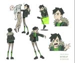  1boy 1girl annoyed artist_name buttercup_(ppg) character_name character_sheet frown fur_trim green_eyes hand_in_pocket highres jacket looking_at_viewer multiple_views older onasugar open_hand open_mouth overall_shorts powerpuff_girls short_hair sitting standing torn_clothes torn_legwear x_x 