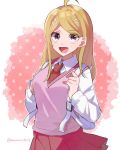  1girl :d ahoge akamatsu_kaede backpack bag bangs blonde_hair blush breasts collared_shirt commentary_request cowboy_shot danganronpa hair_ornament hairclip holding_strap long_hair long_sleeves looking_at_viewer miniskirt musical_note_hair_ornament nanao_(nanao1023) necktie new_danganronpa_v3 open_mouth pink_eyes pink_skirt pleated_skirt red_neckwear school_uniform shirt skirt smile solo sweater_vest twitter_username white_shirt 
